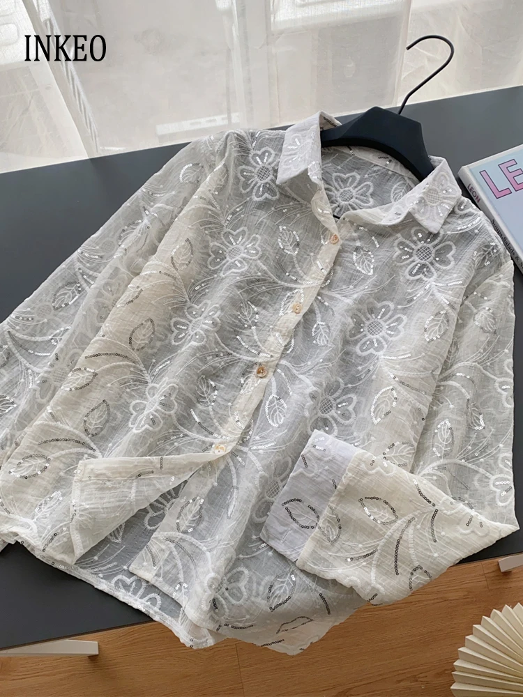 Уличная женская блузка с блестками рубашка длинными рукавами и цветочной