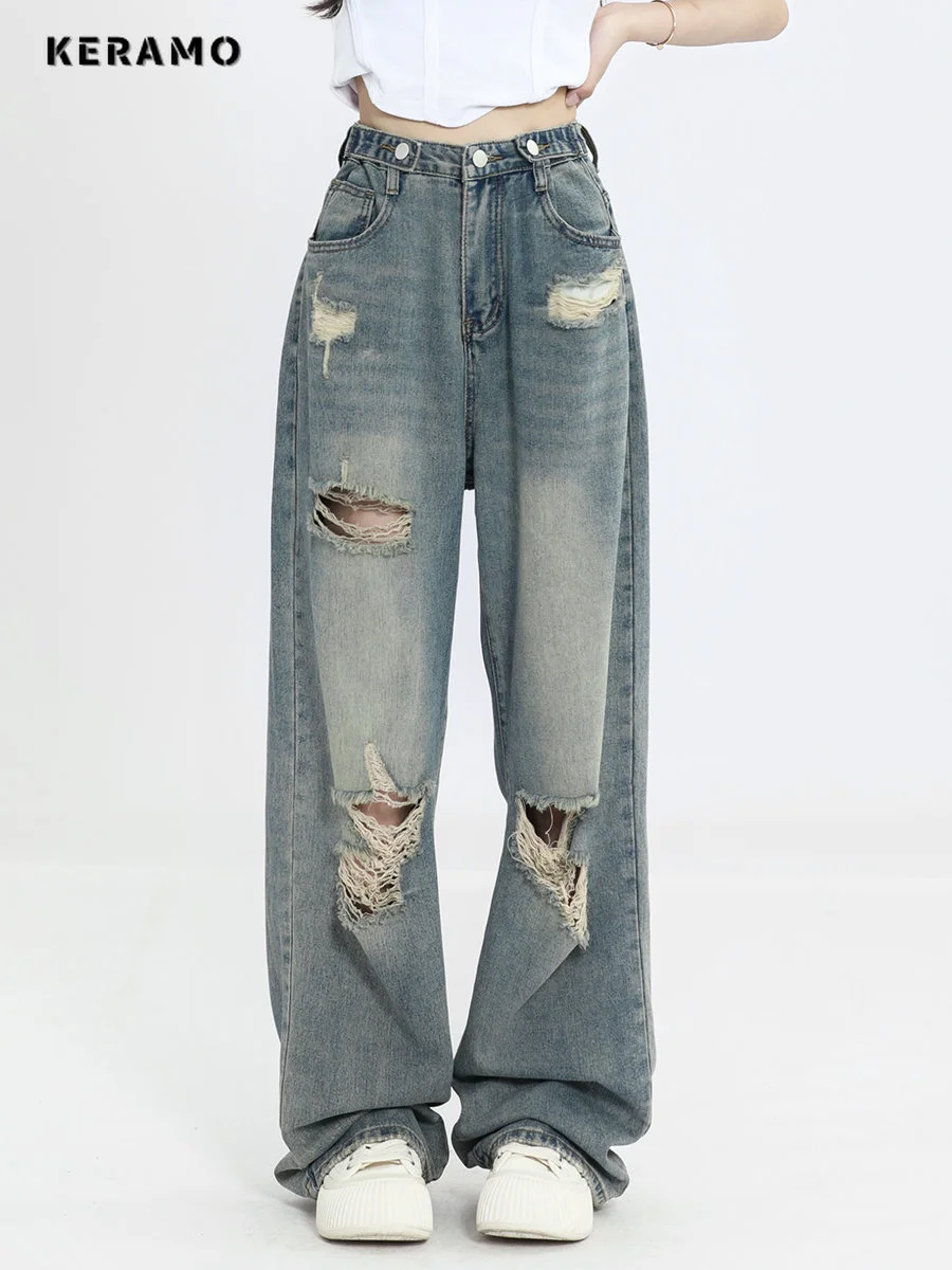 

2023 летние свободные винтажные джинсы Harajuku с высокой талией Y2K, уличная одежда, стильные женские широкие мешковатые рваные джинсовые брюки