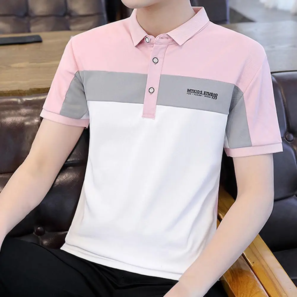 

Trendy Summer Shirt Contrast Colors Gentle Casual Anti-wrinkle Firm Stitching Men Shirt