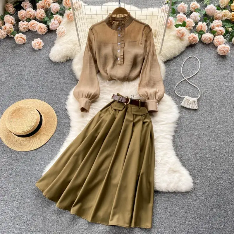 

Women Korean Fashion Outfits Spring Vintage Lantern Sleeve Ruffle Blouse Shirt Tops &Khaki Pleated Skirt Elegant Office Lady New