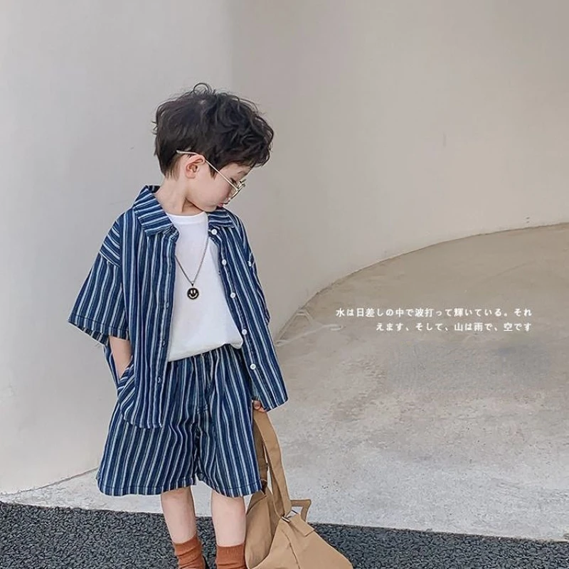 2023 Korean Summer Children Clothes Baby Boys Suit Denim Stripe Tops + Jeans Pants Boy 2Pcs Set Casual Outfits Kids Outfit 2-10Y