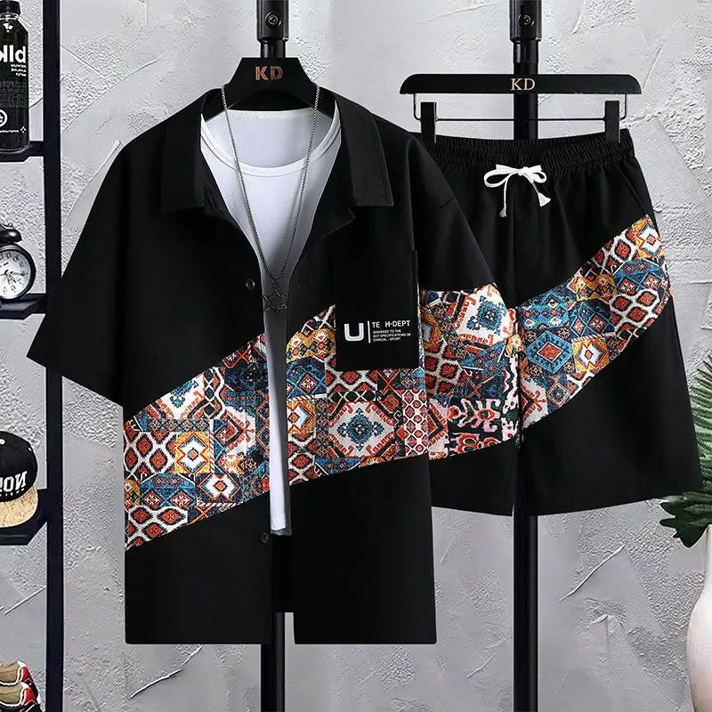 High-Quality Summer Men's Short Sleeve Shirt Shorts Suit Fashion Stitching Print 2023 New Trend Clothes