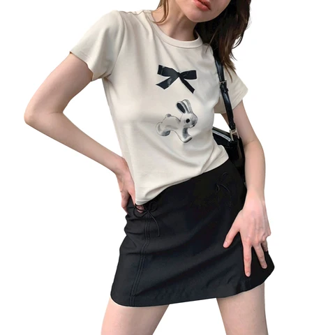 Женская футболка с бантом, коротким рукавом и графическим принтом