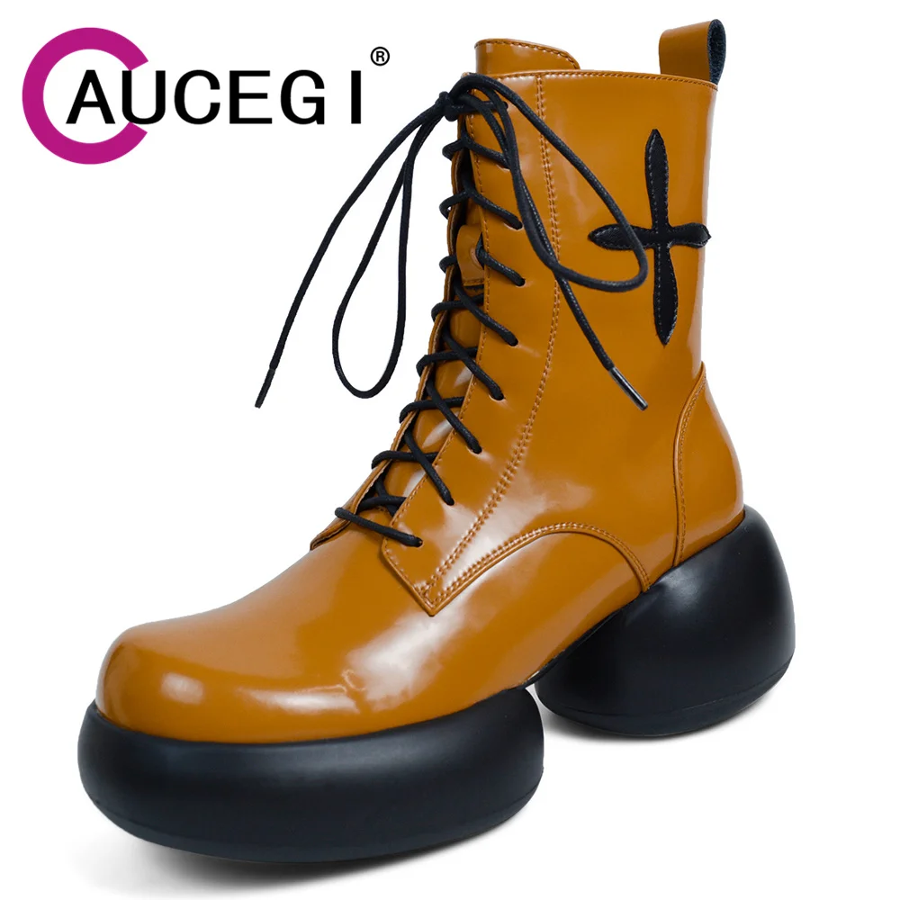 

Aucegi женские ботильоны с перекрестной шнуровкой и круглым носком на толстой подошве модные водонепроницаемые на шнуровке на молнии в стиле преппи дикая обувь