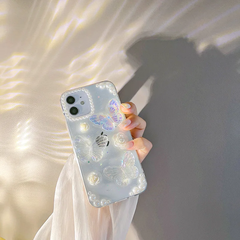 Transparent 3D Butterfly Drop Glue Glitter Protective Cover For Iphone 14 13 12 11 Pro Max  X XS XR SE 7 8 Plus Mini Fashion