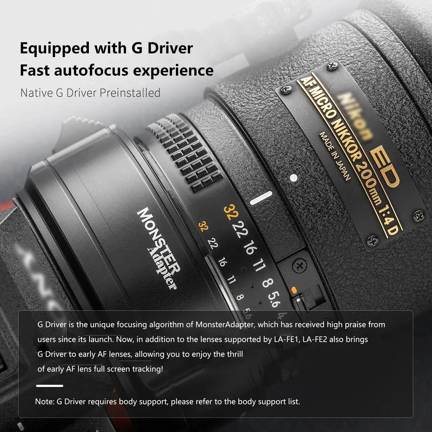 Фото Переходник для объективов Monster LA-FE2 с автофокусом для объективов Nikon F Mount G / D к камерам Sony E №5
