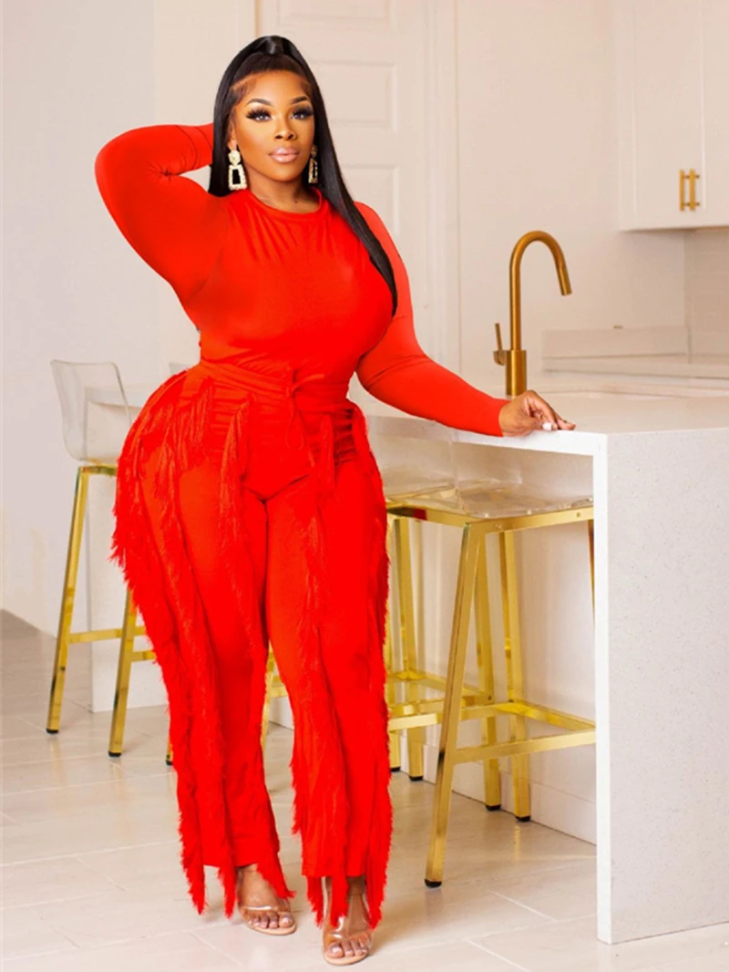 

Streetwear Tracksuit Women Two 2 Piece Set Outfits Autumn INS Clothes Solid T-Shirt Top and Tassel Pants Suits Casual Woman Sets