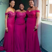 fuchsia sheath long for nigerian elegant lace beads off shoulder sweetheart bridesmaid dress sweep train 2022