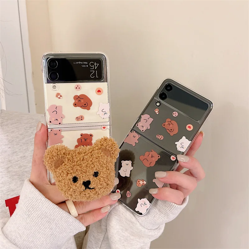 

Cartoon Plush Bear Phone Case with Holder for Samsung Galaxy Z Flip 4 3 Hard Cover for ZFlip3 Zflip4 Solid Shell Bracket