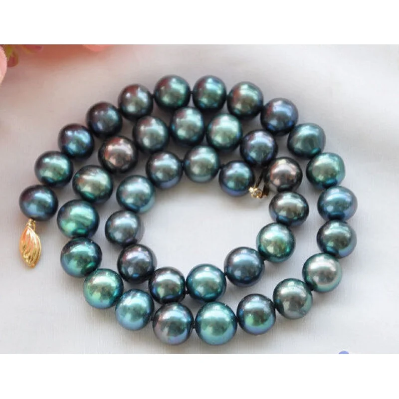 

New 10-11mm PEACOCK BLACK ROUND Freshwater cultured PEARL NECKLACE 17"