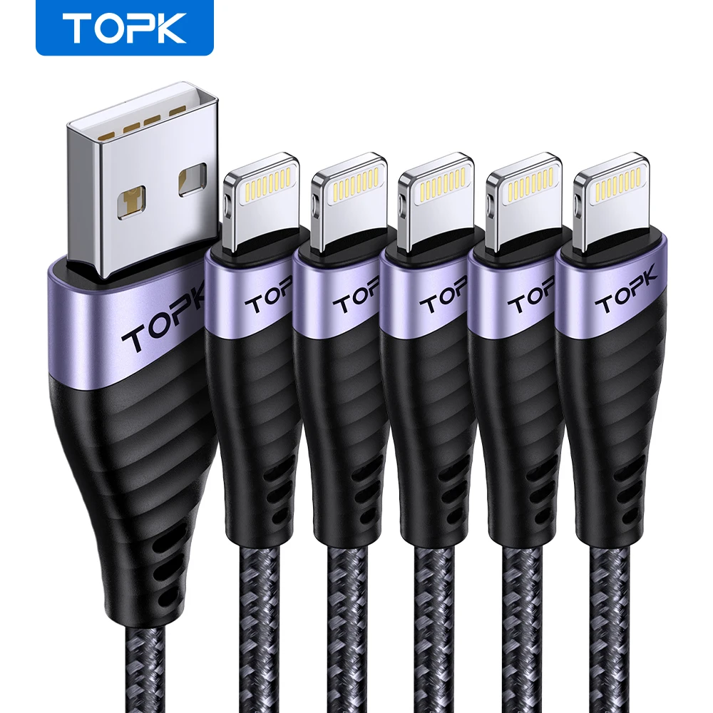 

[5Pack 6.6ft] TOPK MFi Certified Lightning Cable, Nylon Braided Charger Cable For iPhone