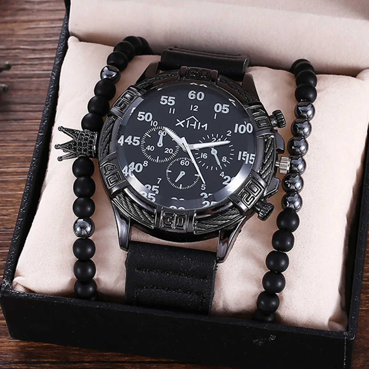 3pcs/set Fashion Casual Business Match Large Dial Belt Quartz Watch Plus Bracelet Set Holiday Birthday Business Gift for Men