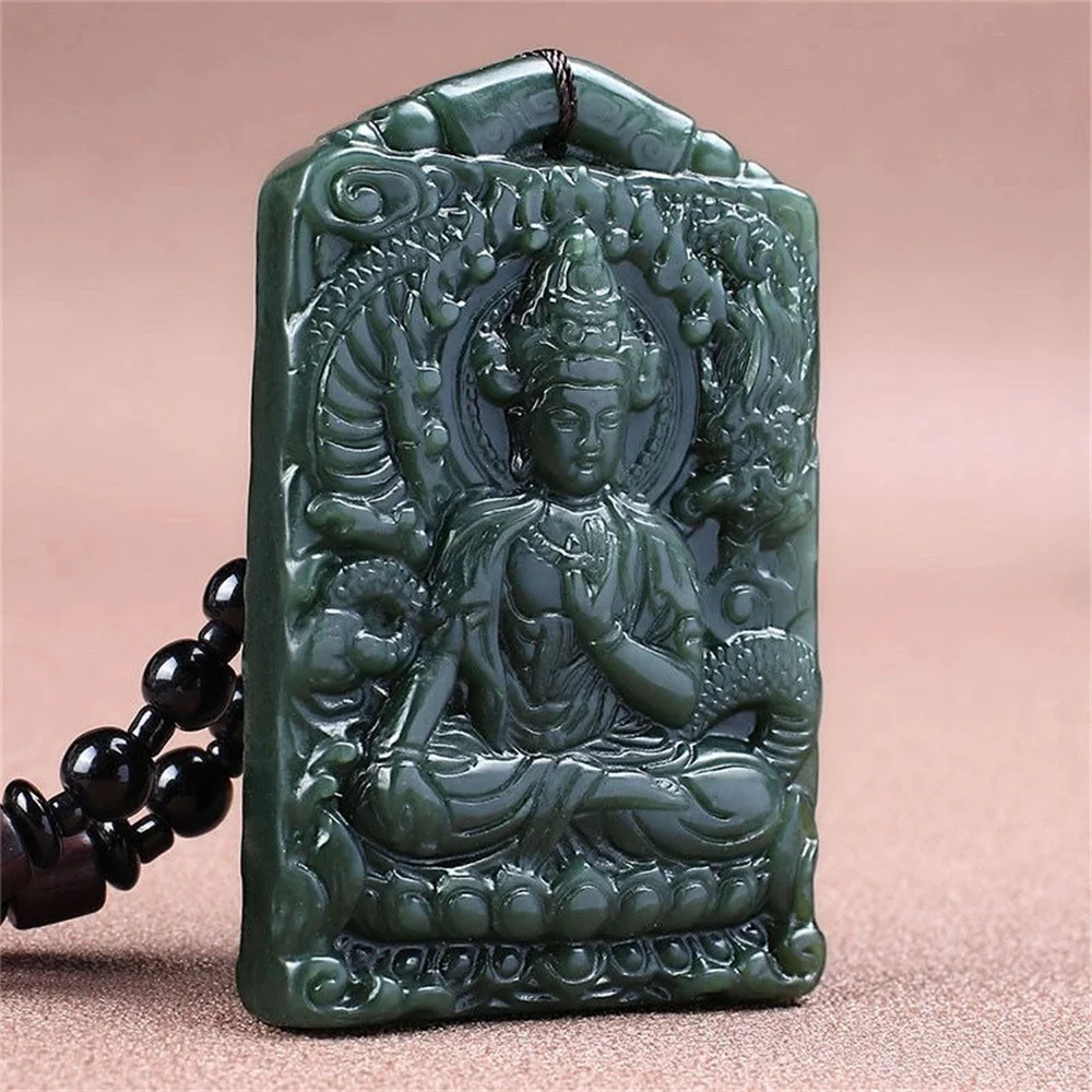 

Натуральный темно-зеленый нефритовый резной китайский дракон Гуаньинь счастливый Нефритовый Кулон Мужской шейный Амулет ожерелье винтажные очаровательные ювелирные изделия