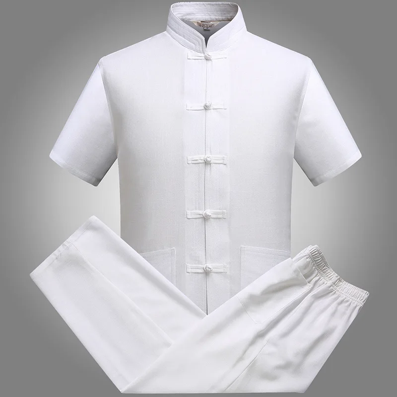 Plus Size Chinese Style Tang Suit Men's Short Sleeve Shirt Pants Set Casual Cotton Linen Kung Fu Suit Tai Chi Suit Loungewear