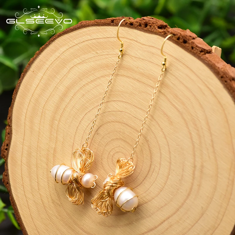 

GLSEEVO Original Handmade Bee Long Dangle Earring Natural Fresh Water Pearl Drop Earrings For Women Fine Jewelry Kolczyki GE0801