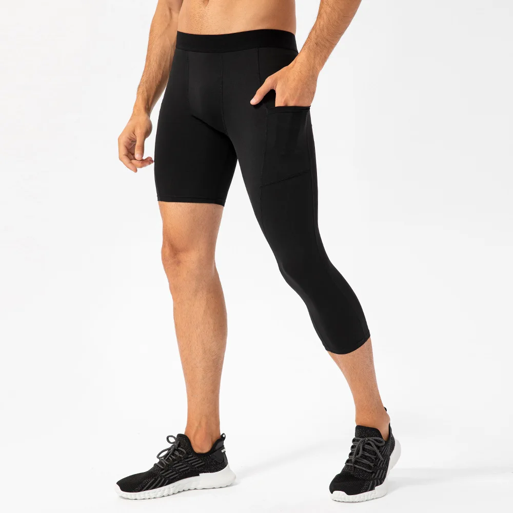 

Men's tights Single leg gym pants Pocket Short legs Basketball training leggings Quick dry seven - cent track pants cycling pant