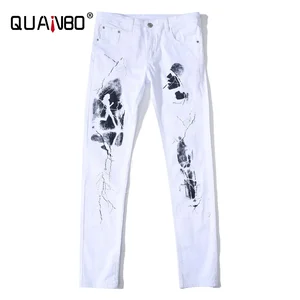 Джинсы мужские Стрейчевые с принтом, модные повседневные брюки-джоггеры из денима, Классические байкерские штаны с принтом, белые, большие размеры 404246