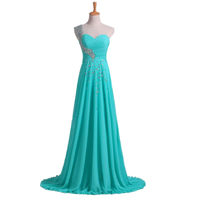 

Turquoise Bridesmaid Dresses Chiffon Crystal Beaded One Shoulder Sweetheart Sexy Vestido De Noiva Real Photoevening Party Robe