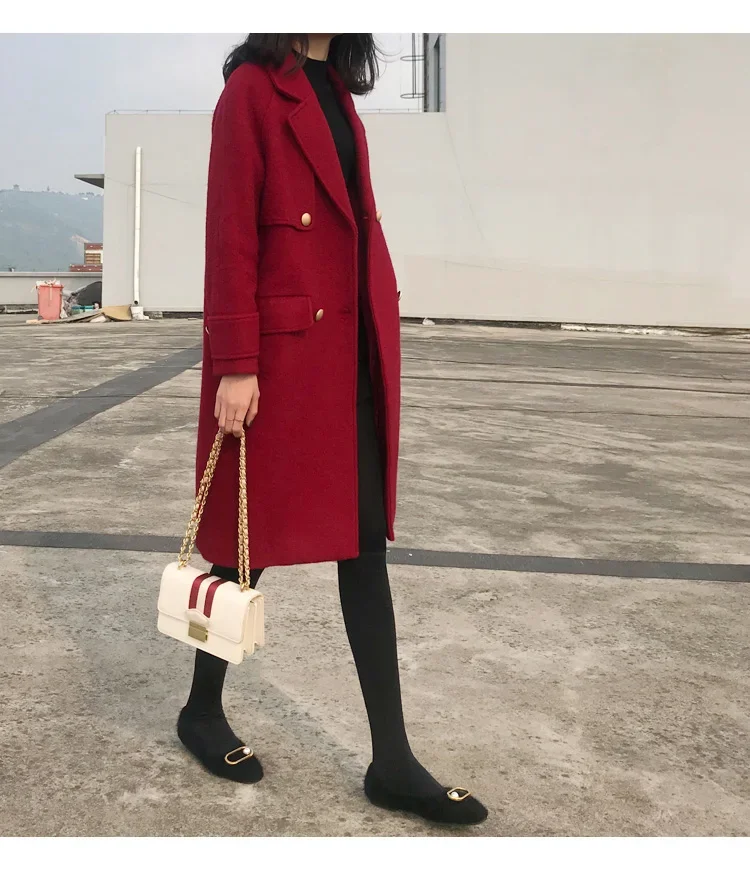 Женское шерстяное пальто средней длины бордовое черное темно-синее с
