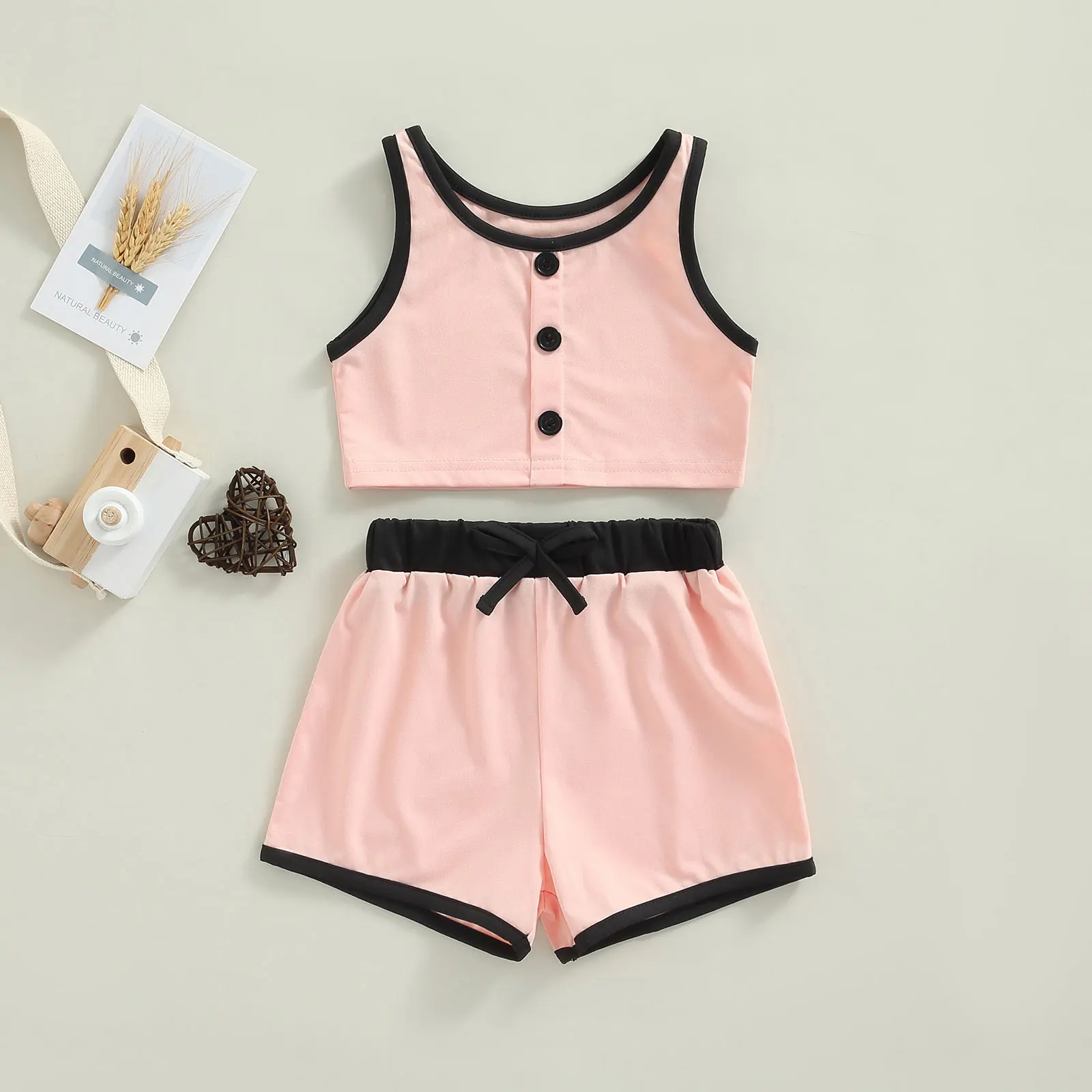

TR New Summer Kid Girl Shorts Outfits Sleeveless Button Tops + Elastic Waist Short Pants Clothes Set