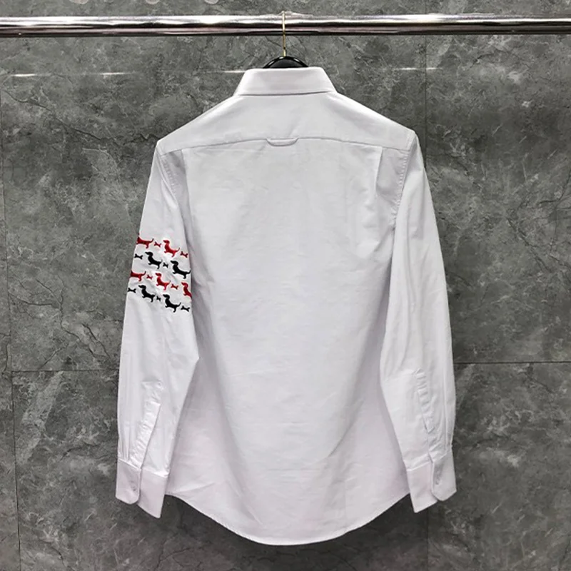 THOM Spring Autunm Fashion Brand Men's Puppy Embroidery 4-bar Striped Cotton Oxford Custom Wholesale TB Shirt