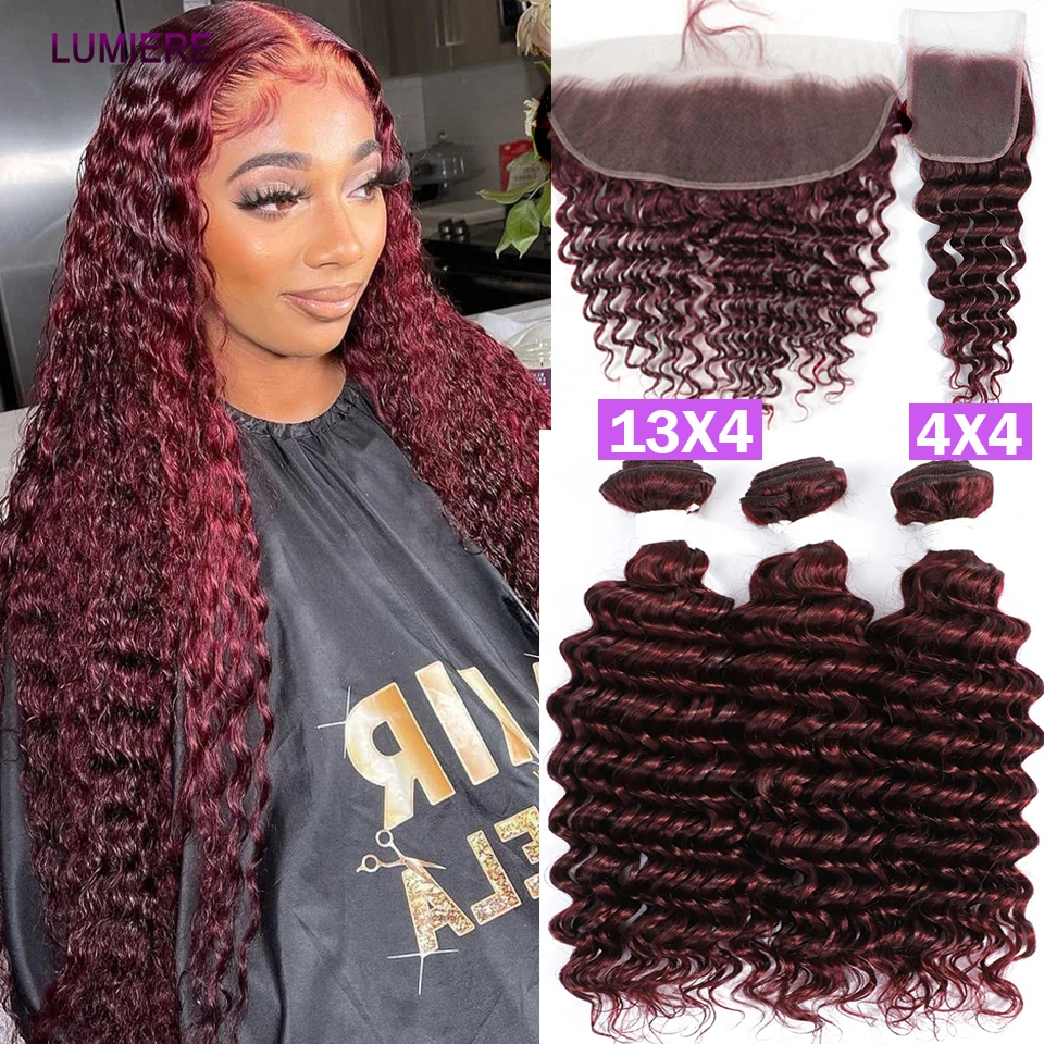 

Colored 99j Deep Wave Bundles With Closure Ombre Dark Red Burgundy Brazilian Hair Weave Bundles With Closure Frontal Lumiere