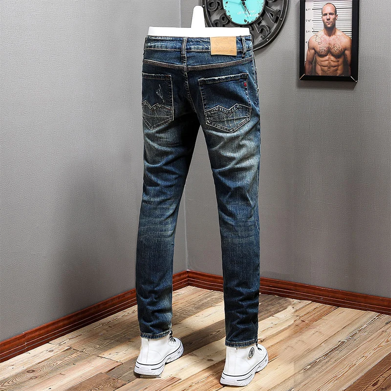 Italian Style Fashion Men Jeans Retro Blue Elastic Slim Fit Ripped Jeans Men Trousers Vintage Designer Casual Denim Pants Hombre