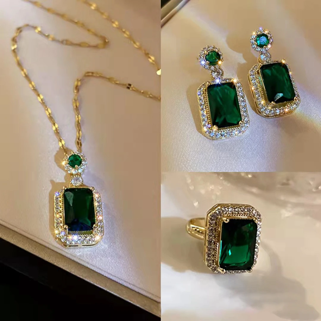 

Korea Fashion Square Green Crystal Jewelry Set For Women Exquisite Necklace Earrings Ring Bridal Wedding Valentine Gift Jewelry
