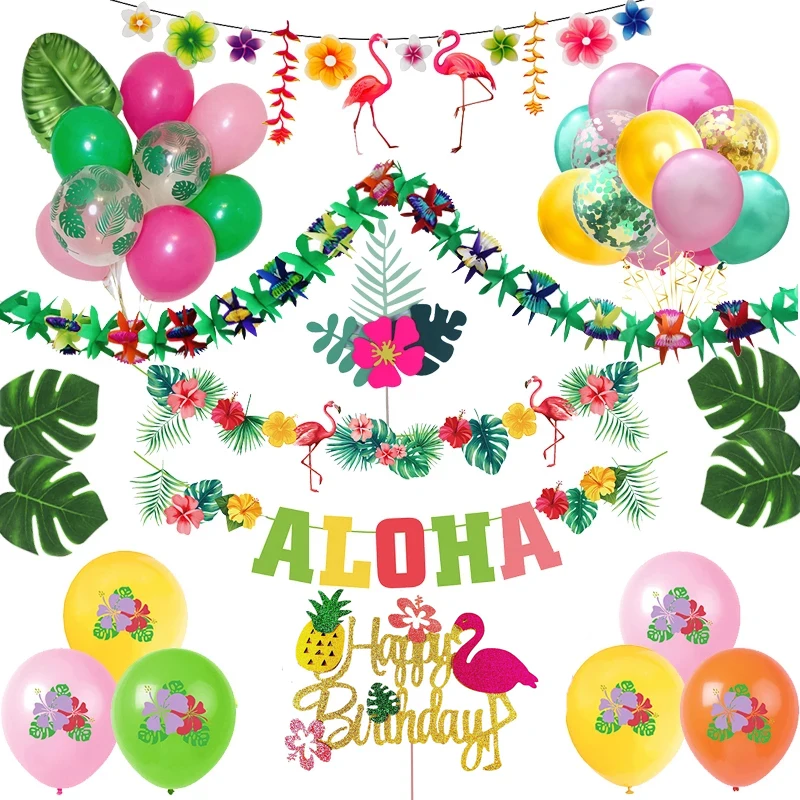 Hawaiian Party Decorations Flamingo Garlands Banner Balloons For ALOHA Luau Party Tropical Summer Beach Birthday Party Supplies