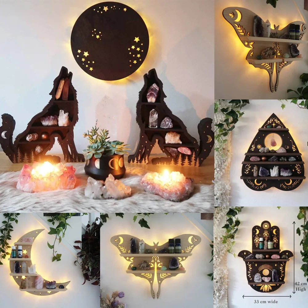 

Wolf Butterfly Wooden Shelf Crystal Essential Oil Storage Rack Wall Display Decor Snake Coffin Rack Living Room Organizer Shelf