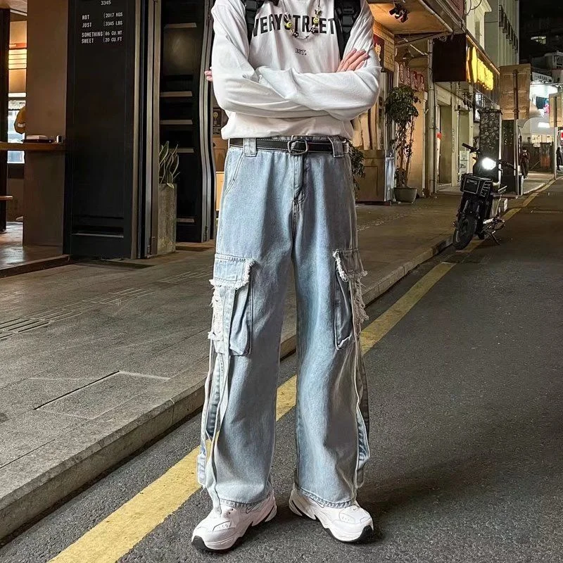 Blue Black Pocket Cargo Jeans Men Fashion Casual Wide Leg Jeans Mens Streetwear Loose Hip Hop Straight Hole Denim Pants Men
