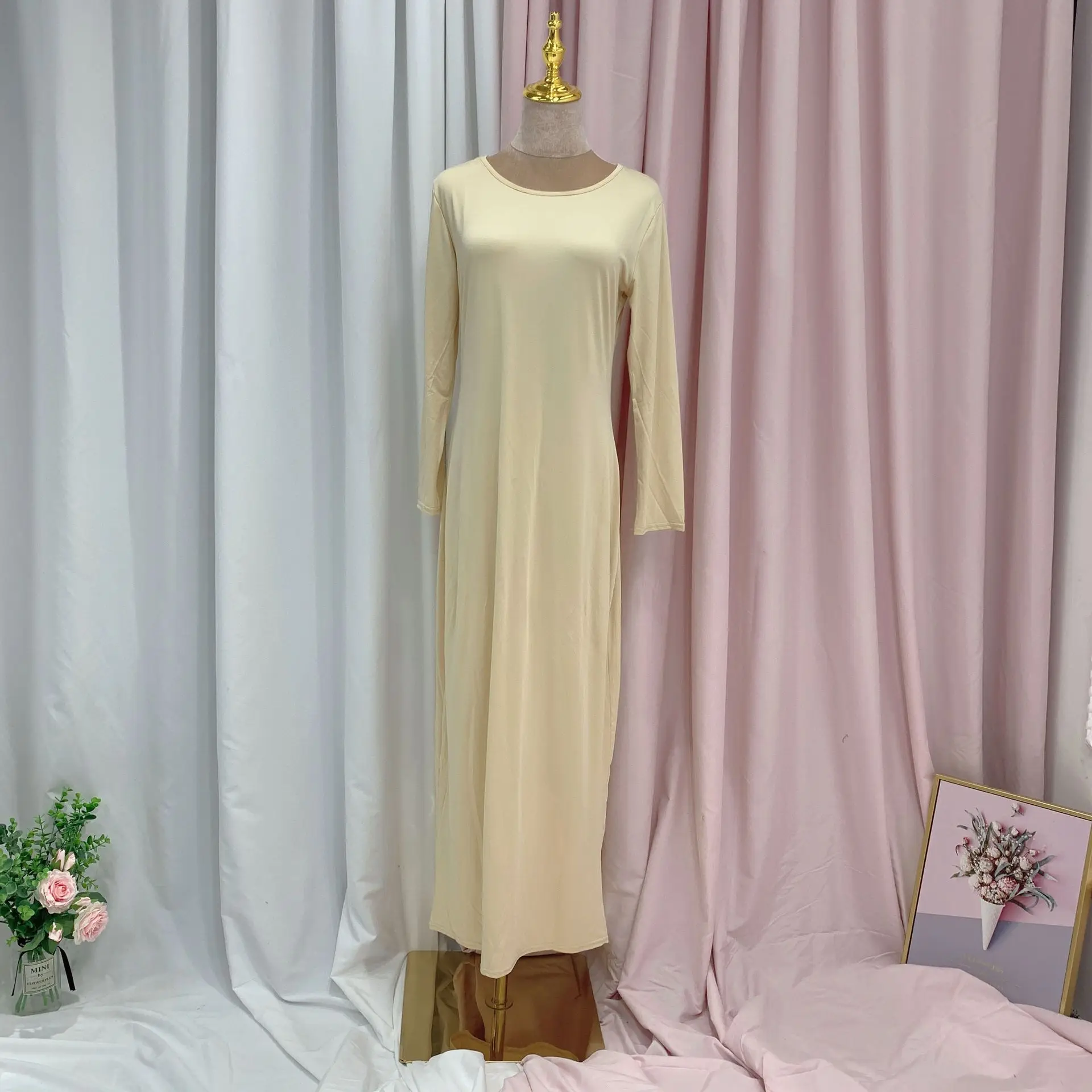 New Fashion Stretch Islamic Inside Dress Robes Cotton Fancy Dress Inner Dress French Stylish Modesty Islamic Dress WY56