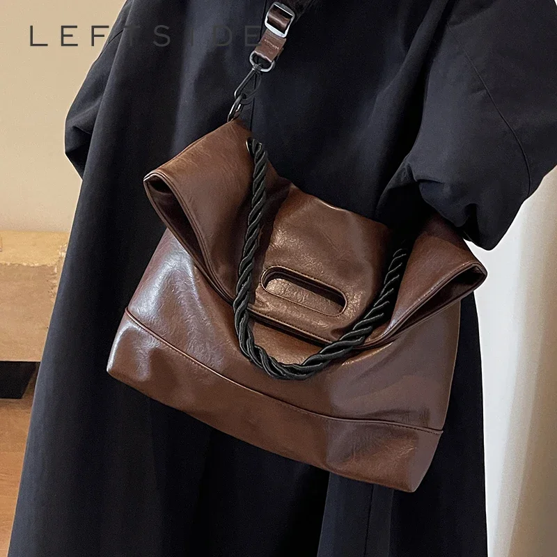 

LEFTSIDE Rope Handle Design Big PU Leahter Crossbody Bags for Women 2023 Winter Fashion Designer Female Shoulder Bag Handbags