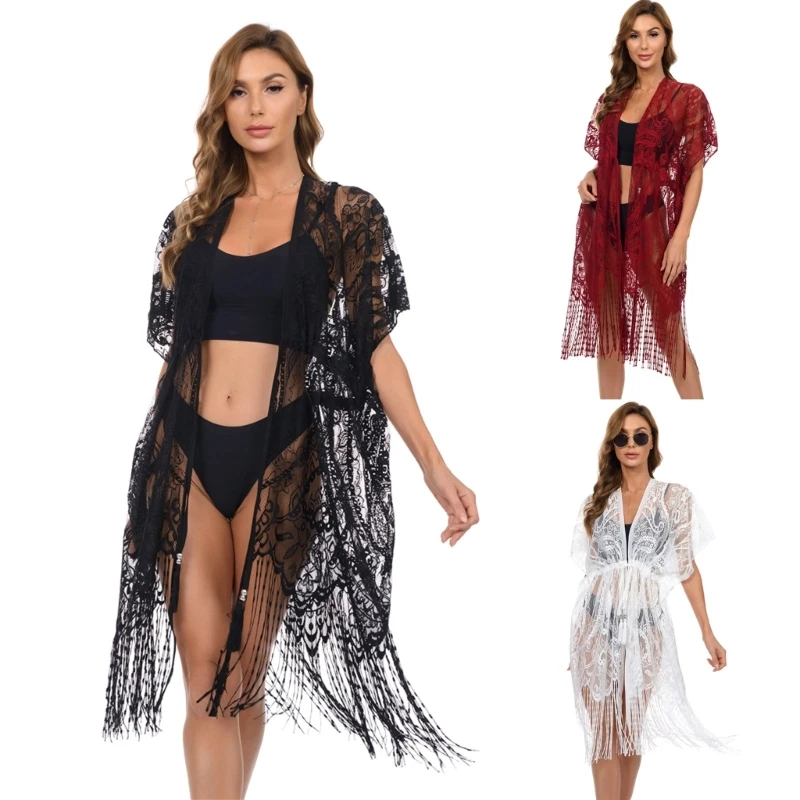 

A5KC Womens Open Front Cardigan Tassels Beach-Dress Flowy Kaftan Swimsuit Cover Up