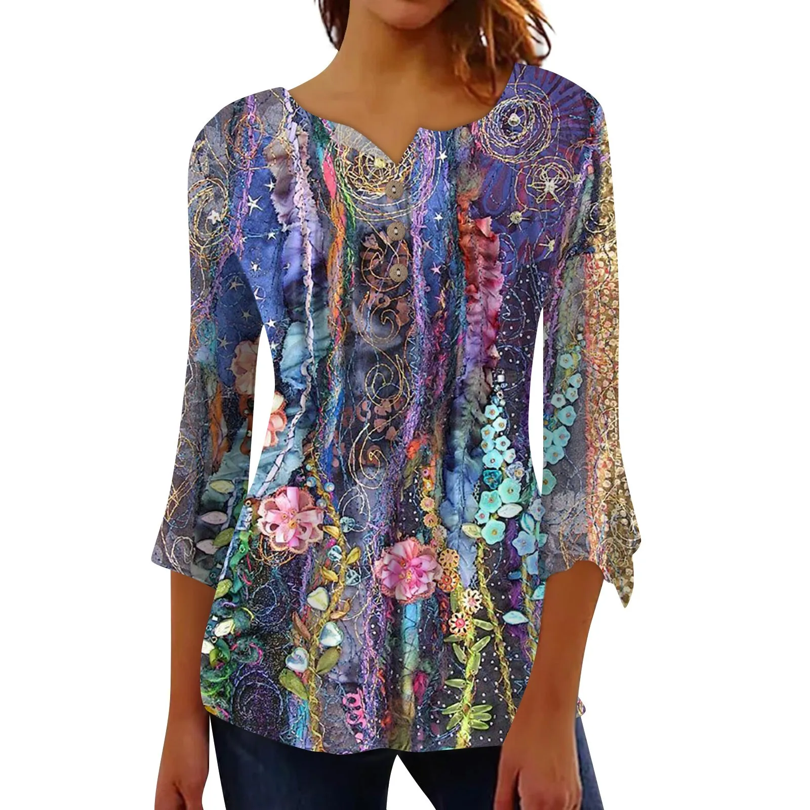 

Button Down Shirts For Women Print Tunic Summer Tops Dressy Casual Bell 3/4 Sleeve V Neck Spring Blouses Clothing Female Top