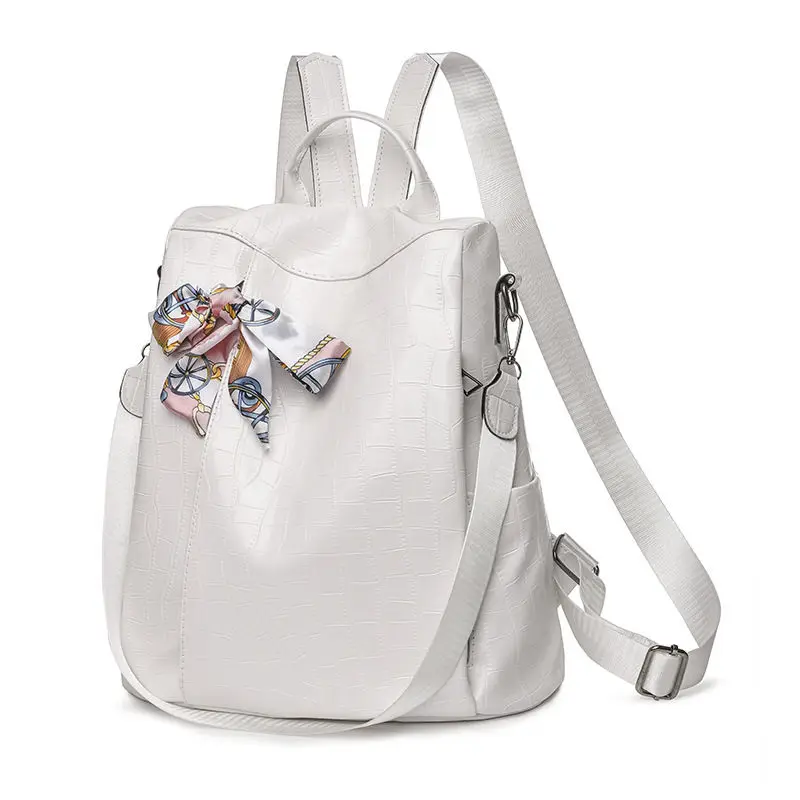 

PU Ladies Leather Shoulder Backpacks Women Travel Bags Fashion Silk Scarf Women Backpack Plaid High School Student School Bags