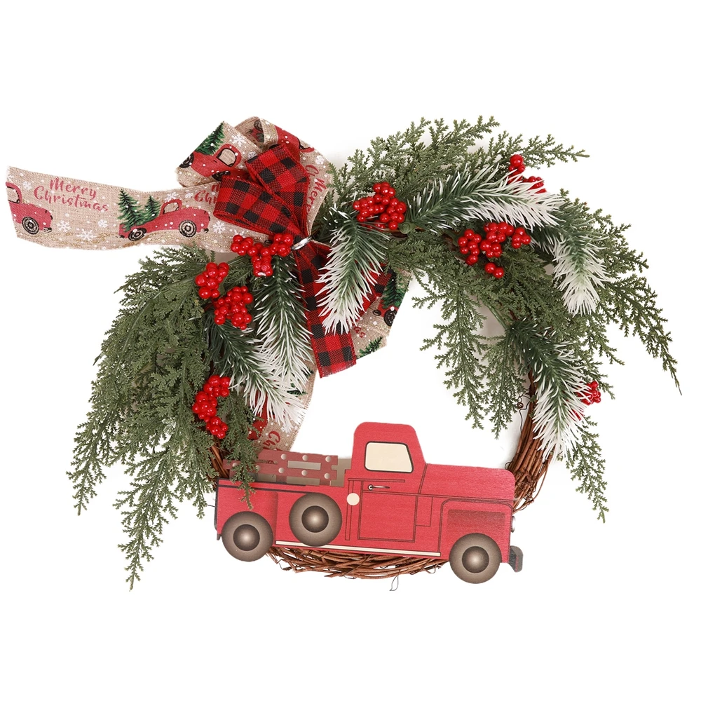 

Red Truck Christmas Wreath Rustic Fall Front Door Artificial Garlands Cherries With Ribbon Farmhouse Hanging Festive Wreath