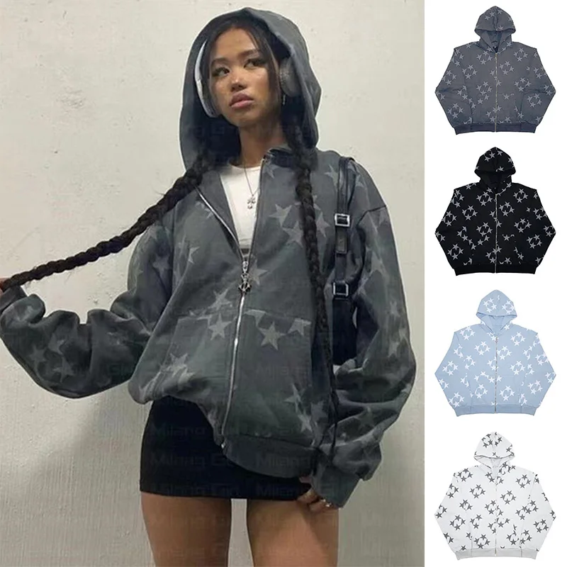 

Vintage Star Print Hoodies Women Hip Hop Long Sleeve Zipper Jacket Coat Harajuku Y2k Oversized Hooded Men Sweatshirt Streetwear