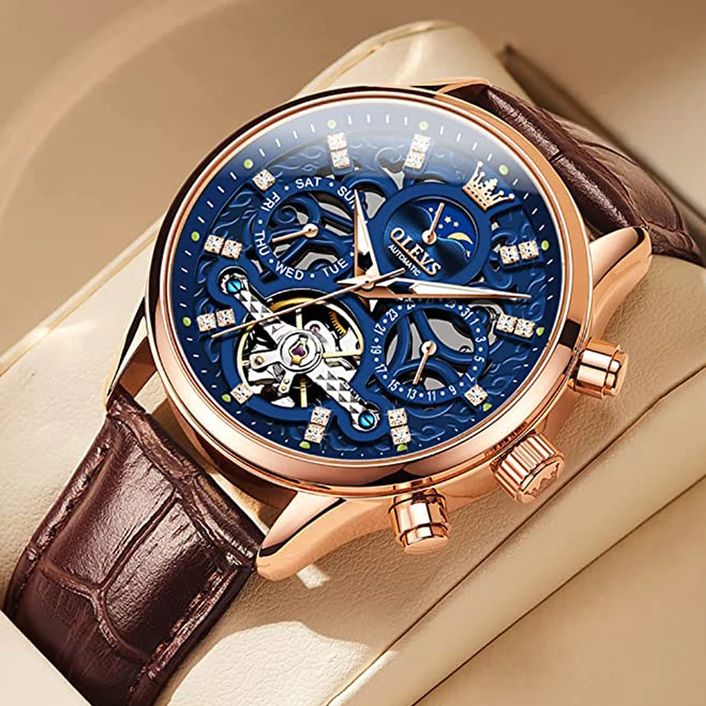 Продажа Мужские механические часы-скелетоны OLEVS, мужские деловые наручные часы с автоподзаводом, Луной и фазой, водонепроницаемые часы с автоподзав...