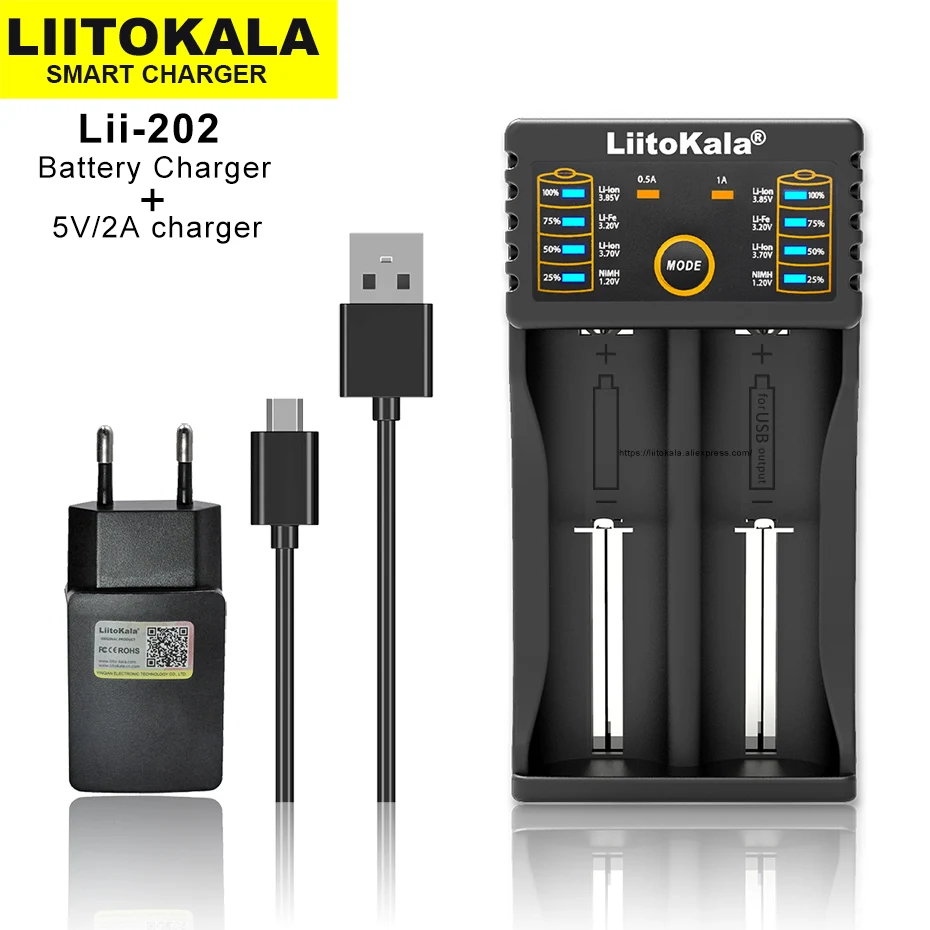 

Liitokala Lii-202 Lii-402 Lii-PD2 Lii-PD4 18650 1.2V 3.7V 3.8V 3.2V AA AAA 26650 26500 18350 21700 NiMH Lithium Battery Charger