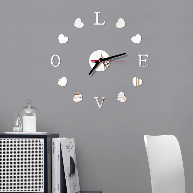 

Love New Clock Watch DIY 3D Mirror Surface Sticker Wall Clock Living Room Home Office Decoration Cute Valentine's Day Gift