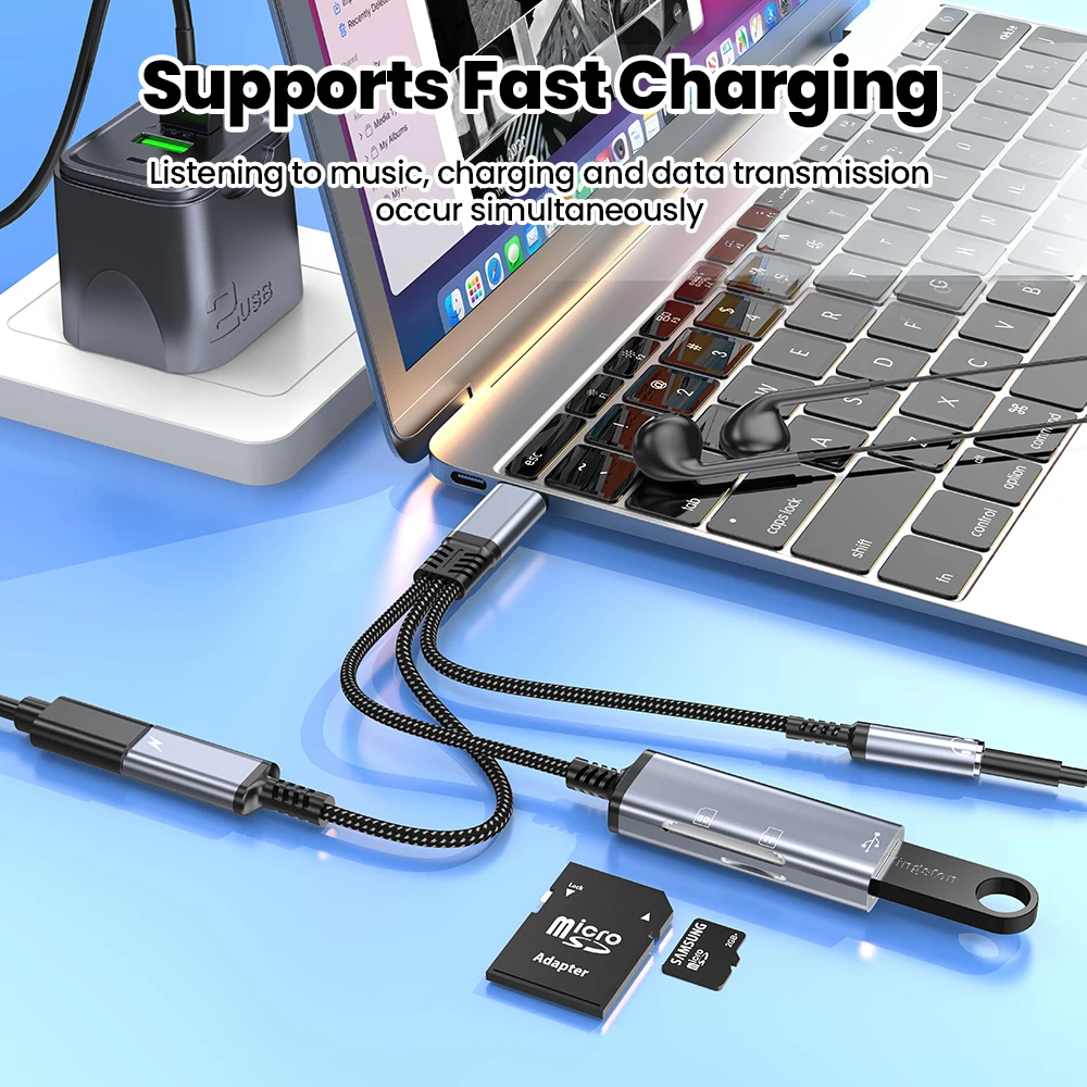 Фото Многофункциональный адаптер Type-C 5-в-1: зарядка Type-C/USB-C, 3,5 мм, кардридер SD/TF, USB 2.0. Высокоскоростной кабель-адаптер для iPhone 15, 16, Samsung. №4