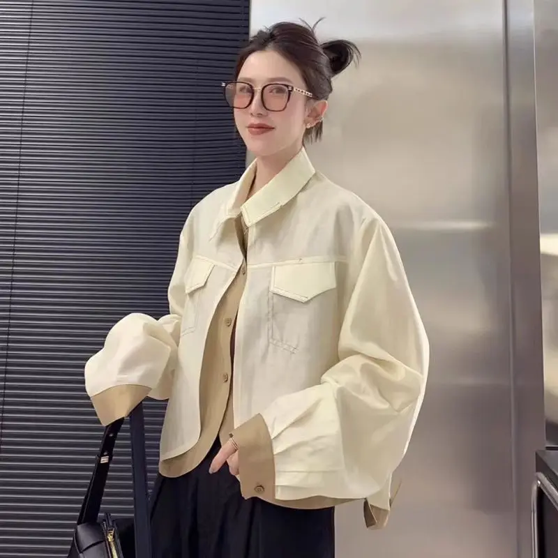 

Весна 2023, новый модный дизайн, имитация двух частей, сращенная рубашка, цветное короткое пальто с прозрачной нитью для женщин