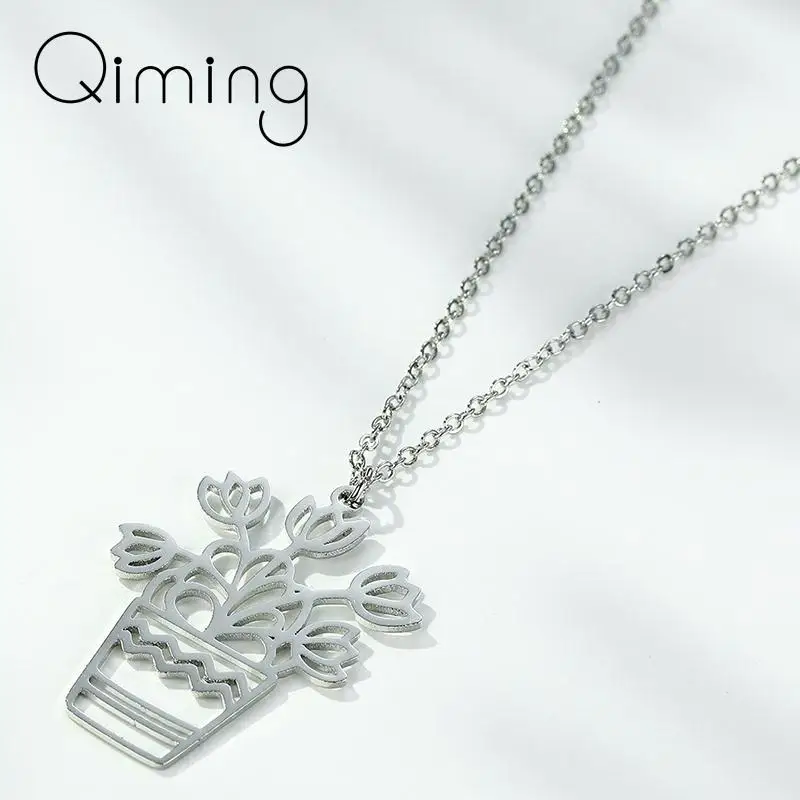 

Stainless Steel Potted Flower Plant Pendant Necklace For Women Female Silver Fashion Jewelry Choker Necklace