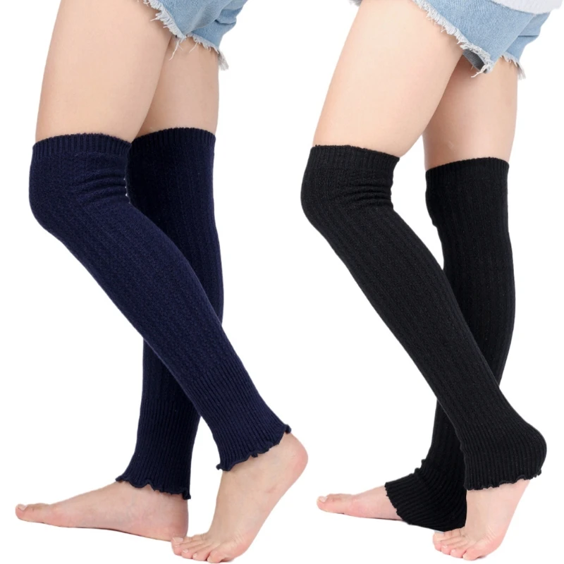 

Women Winter Ribbed Cable Knit Leg Warmers Solid Color Ruffled Hem Over Knee Long Socks Yoga Dance Boot Cuffs Stockings 37JB