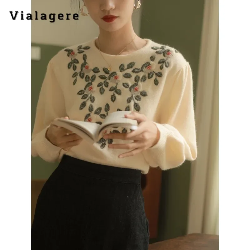 Женский винтажный трикотажный пуловер элегантный свободный свитер с длинным