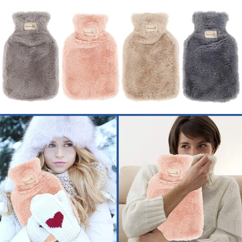 

1000ml/2000ml Plush Hand Warmer Winter Hot Water Bottles Pure Natural Rubber Cosy Grey Cover Back Neck Waist Hand Bed Warm Bags