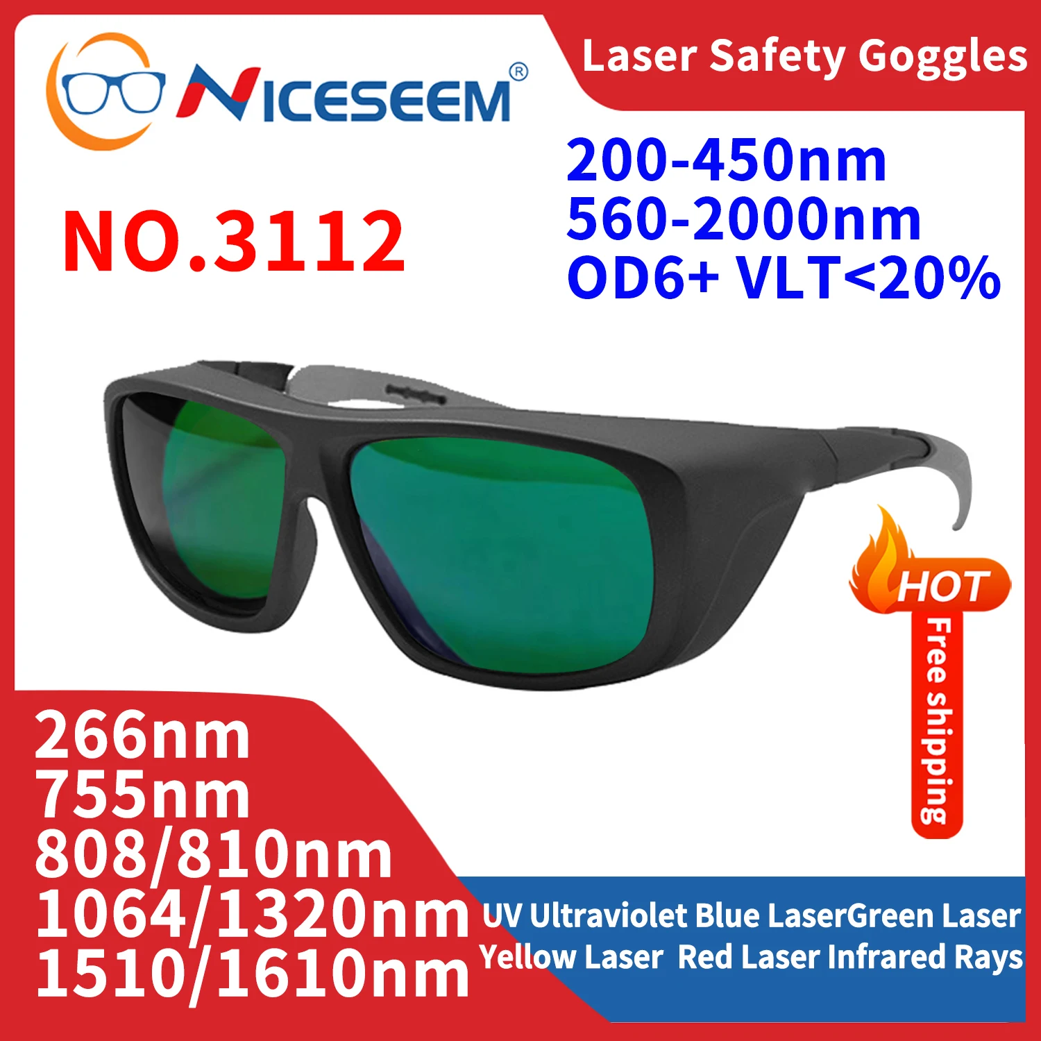 Фото Защитные очки для работы, 200-450 нм, 560-2000 нм, OD6, защита глаз от IPL, зеленого и синего света, для стоматологии и промышленности №1