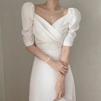 niggeey summer white elegant dresses for women 2022 vintage puff sleeve v neck chiffon dress korean style long evening dresses
