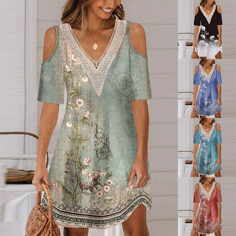 

Elegant Summer Ladies Printed Off-shoulder V-neck Skirt Casual Loose Lace V Neck Pullover Dress Beach Floral Short Sleeve Dress